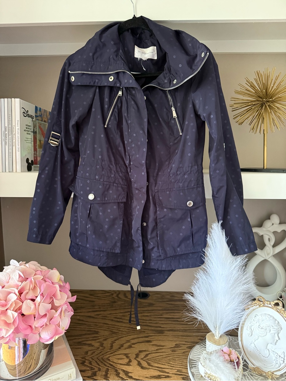 BCBGeneration Navy Hooded Utility Anorak with Subtle Dot Print
